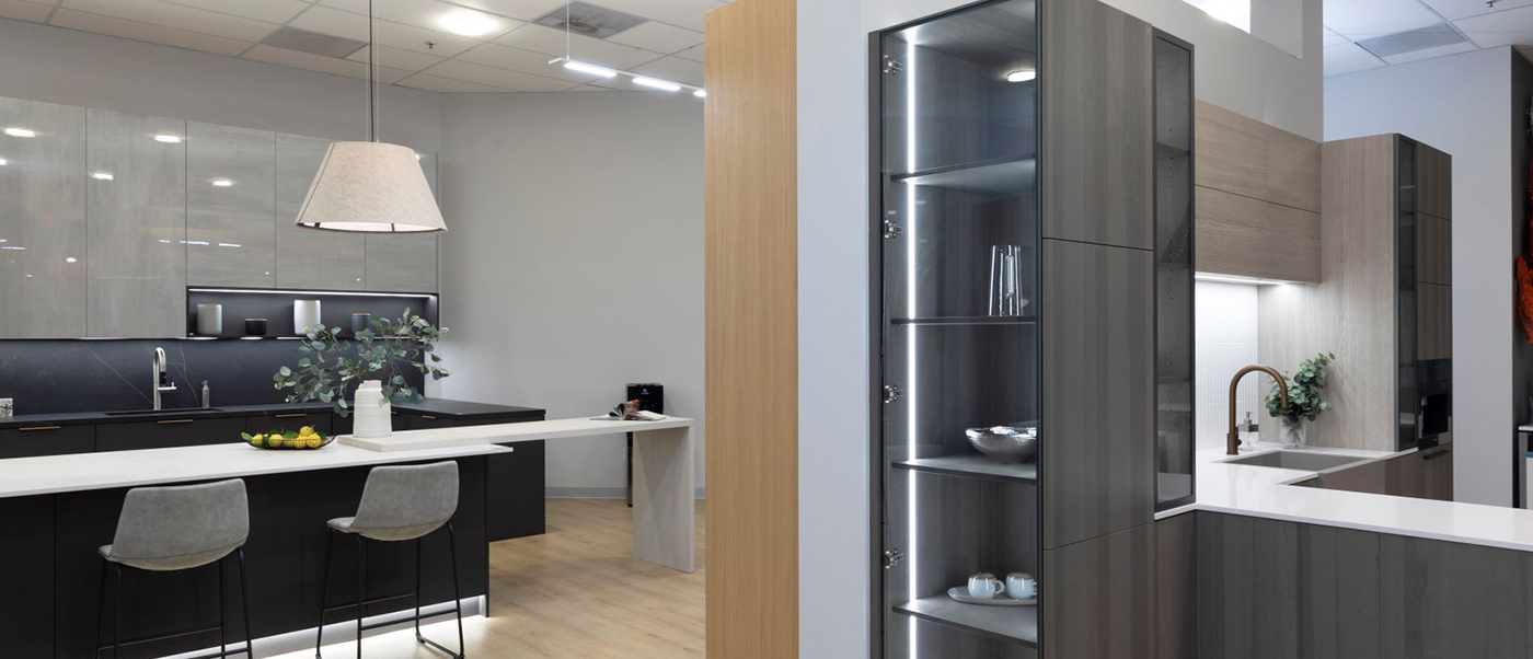 Redwood City California Showroom Kitchen Cabinet Display with glass door