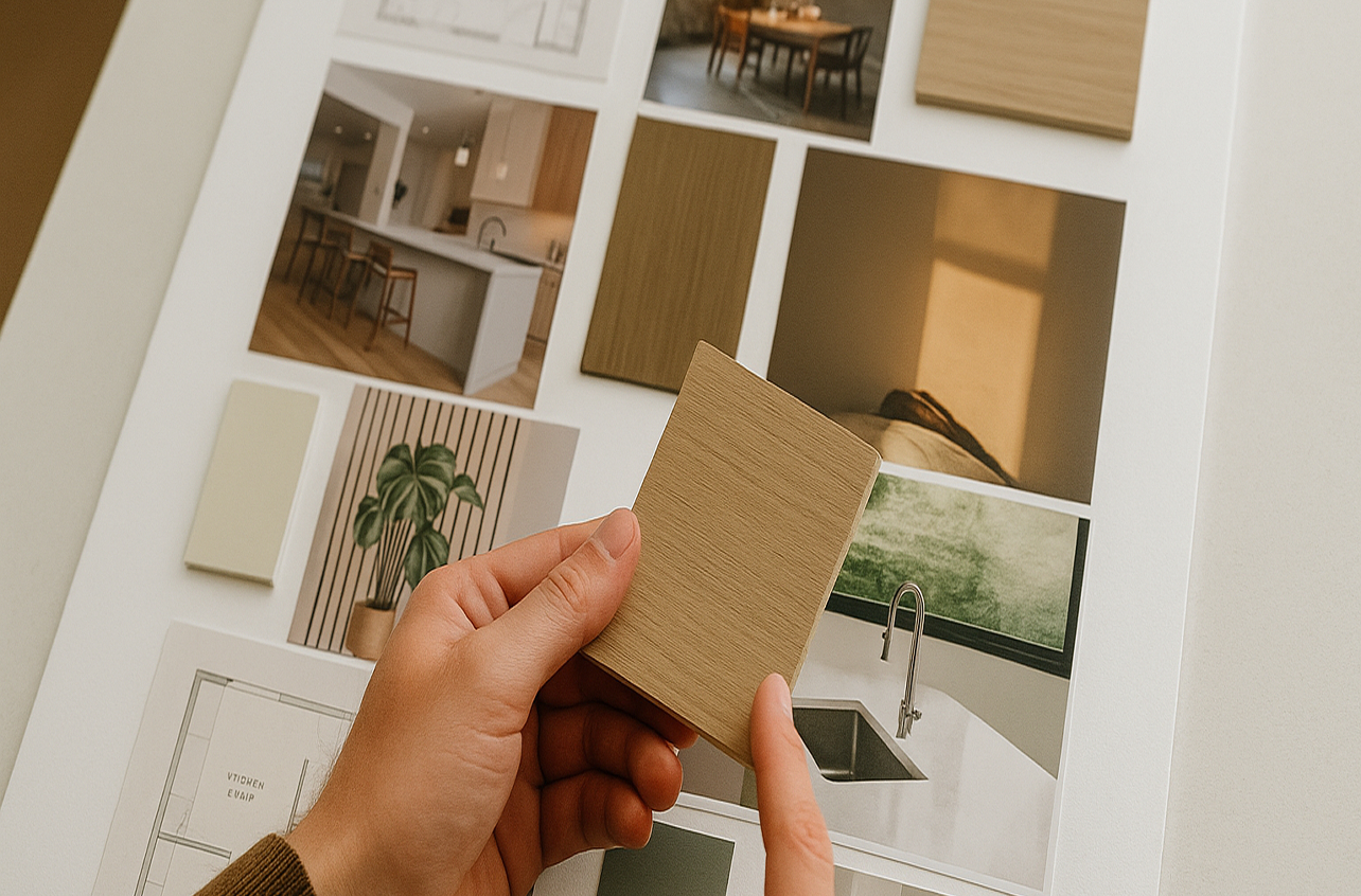 Designer holding a light oak wood cabinet door sample against kitchen design photo collage in Ronbow's Livermore factory.